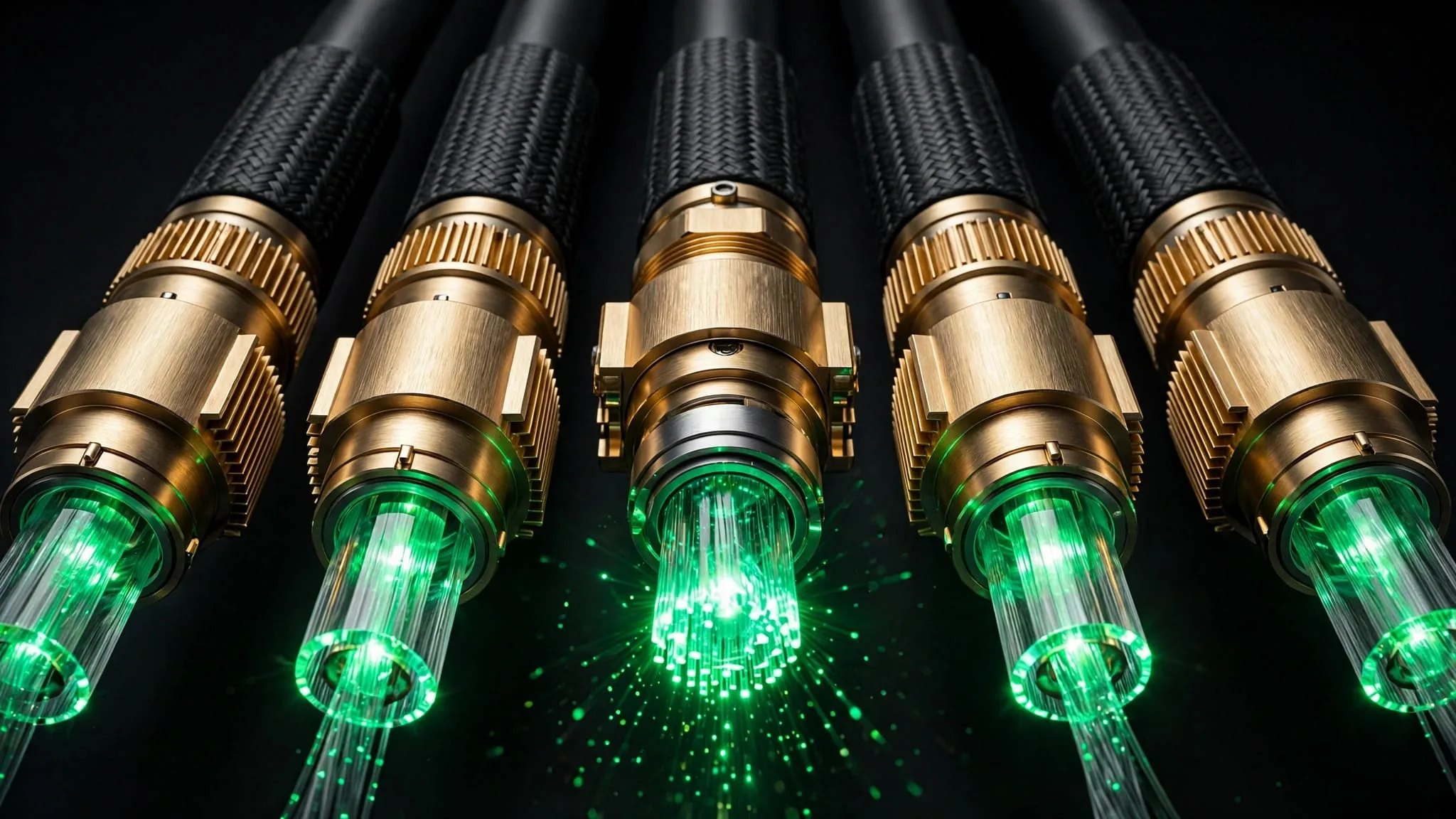 Gold fiber optic connectors pulsing with emerald sync light, symbolizing IDPROIT SRL SMB business process automation, Cyber Twin tools, CRM sales funnel integration, and human-in-the-loop agentic AI.